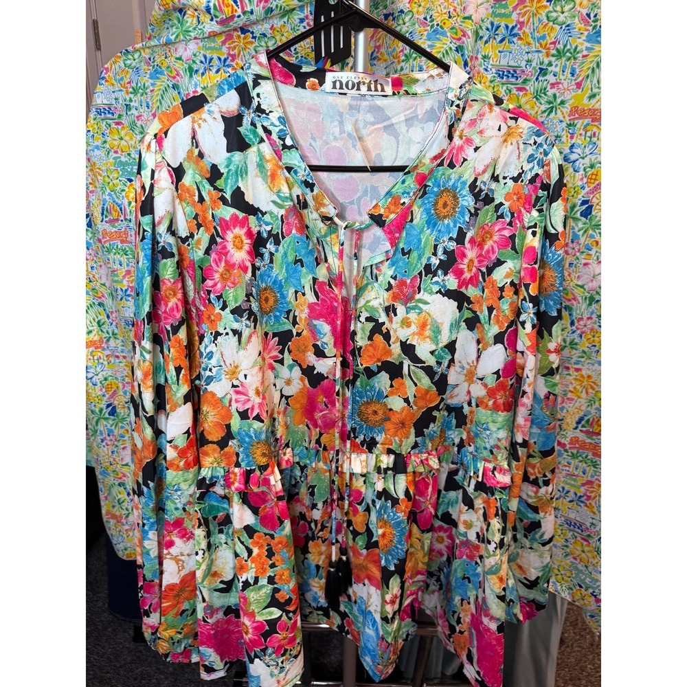111 One Eleven North XL Floral Peplum Tie‎ Neck Blouse Long Sleeve Tassel Top